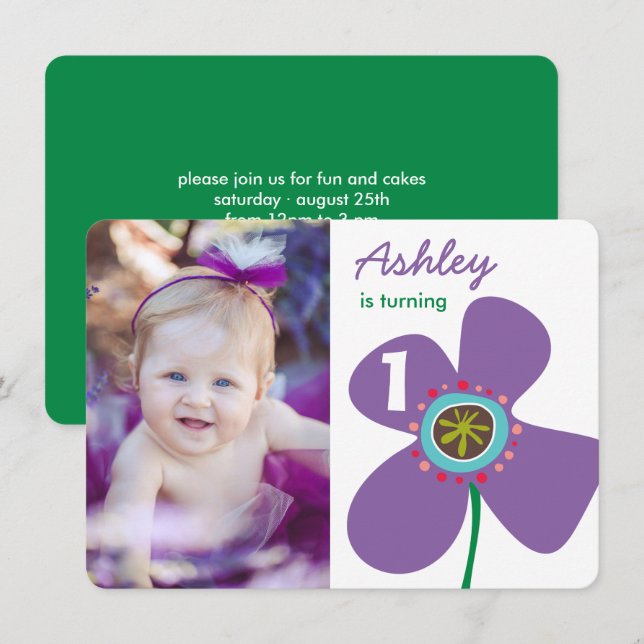 Invitation Cute Purple Daisy Pop Chic Photo Girl 1er annivers (Devant / Derrière)