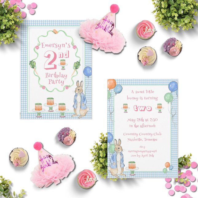 Invitation Cute Rabbit 2e fête d'anniversaire rose (Créateur téléchargé)