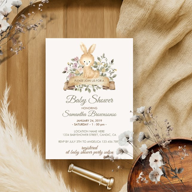 Invitation Cute Rabbit Baby shower de ruban botanique (Créateur téléchargé)