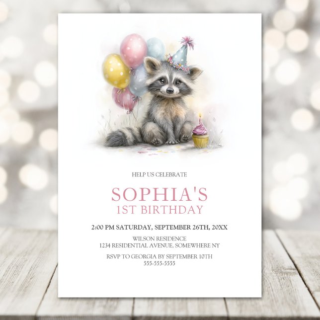 Invitation Cute Raccoon 1st Birthday Party (Créateur téléchargé)
