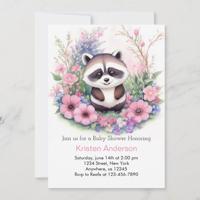 Invitation Cute Raccoon Aquarelle rose Baby shower fille (Devant)