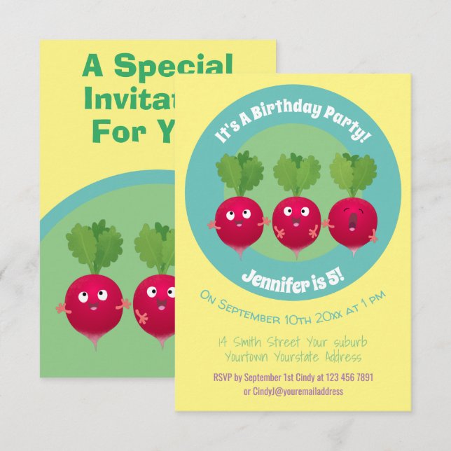Invitation Cute radis chantant trio caricature légumes de car (Devant / Derrière)