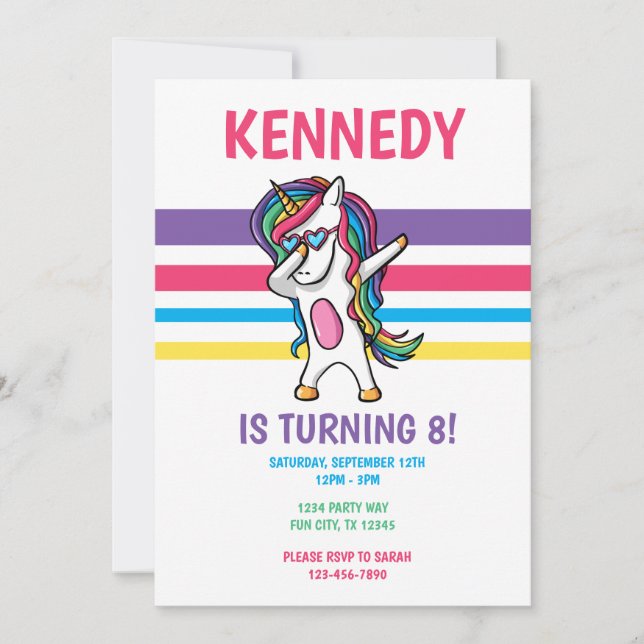 Invitation Cute Rainbow Dabbing Unicorn Girls Birthday Party (Devant)