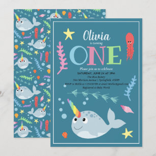 Invitation Cute Rainbow Narwhal Océan et nom 1er anniversaire