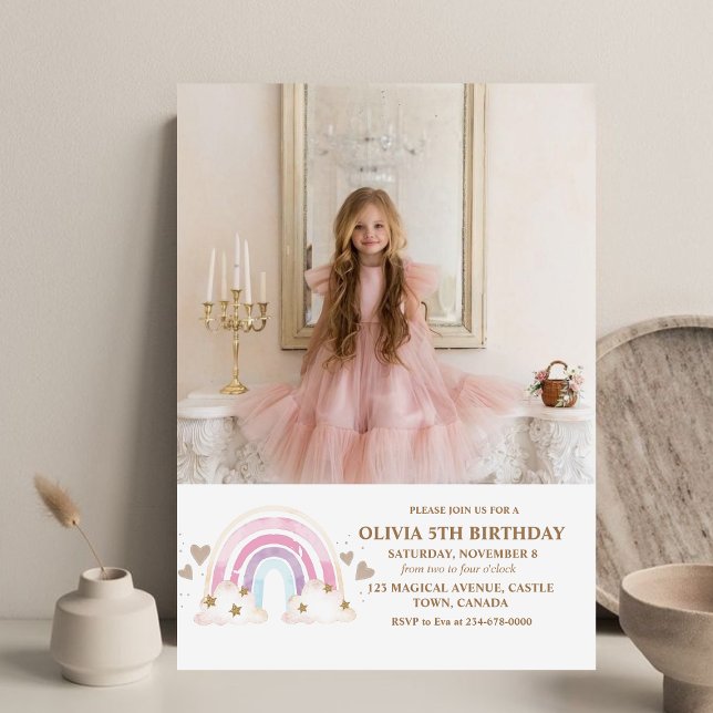 Invitation Cute Rainbow Photo Girl 5th Birthday Kids Photo (Créateur téléchargé)