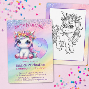 Invitation Cute Rainbow Unicorn 9e anniversaire magique