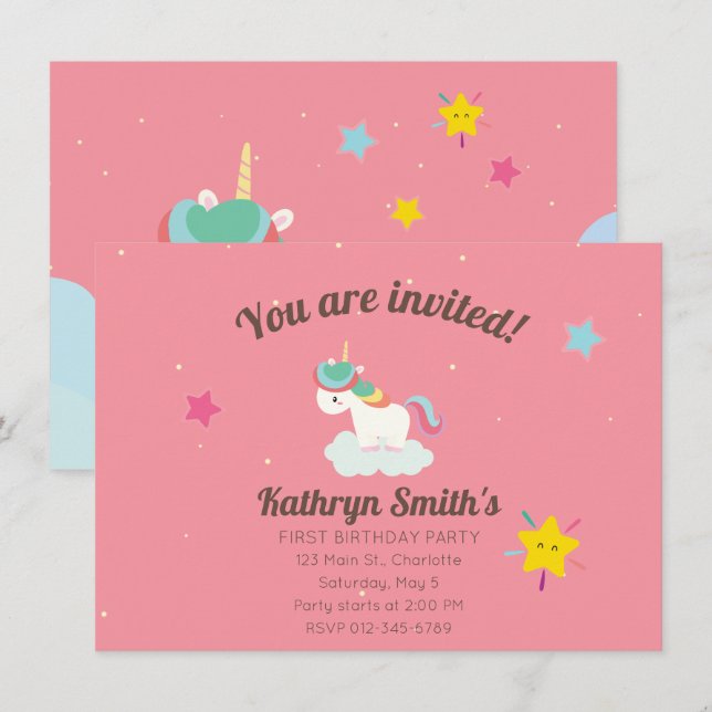 Invitation Cute Rainbow Unicorn avec étoiles. Anniversaire. (Devant / Derrière)