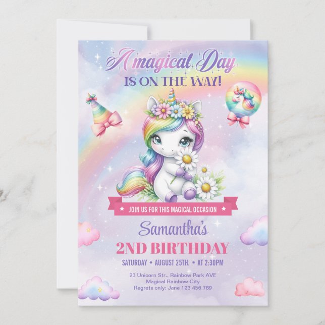 Invitation Cute Rainbow Unicorn avec fleurs 2e anniversaire (Devant)