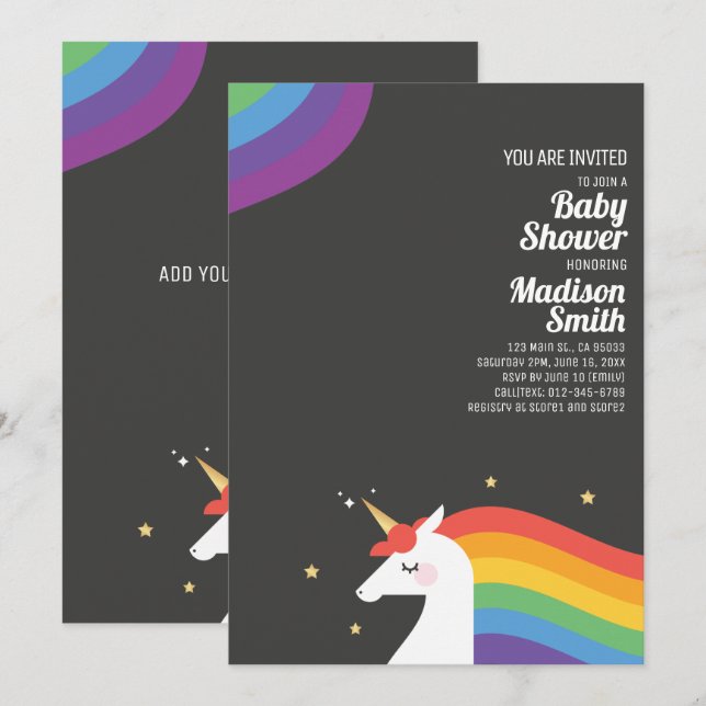Invitation Cute Rainbow Unicorn et Baby shower des étoiles (Devant / Derrière)