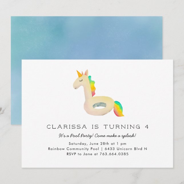 Invitation Cute Rainbow Unicorn Floatie Pool fête d'anniversa (Devant / Derrière)
