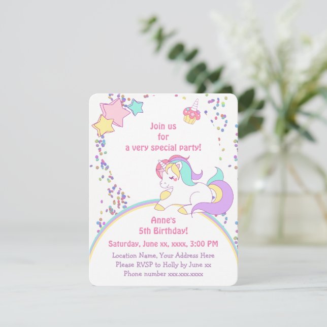 Invitation Cute Rainbow Unicorn & Stars Girl Birthday Party (Debout devant)