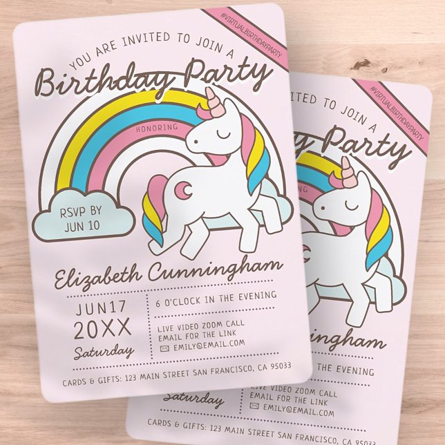 Invitation Cute Rainbow Unicorn Virtual Birthday Party (Créateur téléchargé)