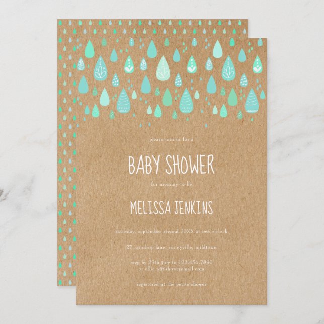 Invitation Cute Raindrops Baby shower Rustique Kraft Boho (Devant / Derrière)