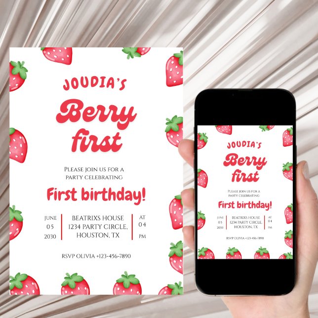 Invitation Cute Red Berry First Birthday Watercolor  (Créateur téléchargé)
