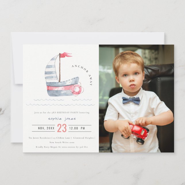 Invitation Cute Red Blue Sailboat Enfants Photo Anniversaire (Devant)
