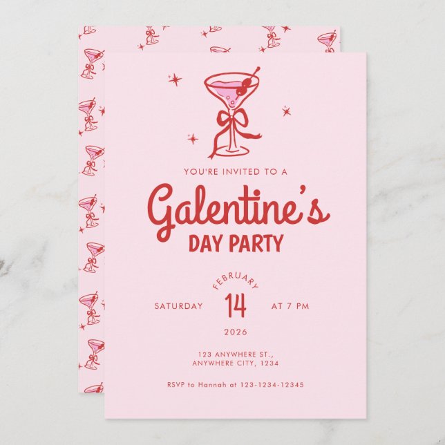 Invitation Cute Red Bow Cocktail Galentine's Day Party (Devant / Derrière)