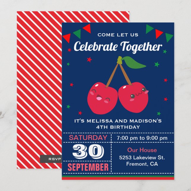 Invitation Cute Red Cherries Twins Anniversaire Fête Invitati (Devant / Derrière)