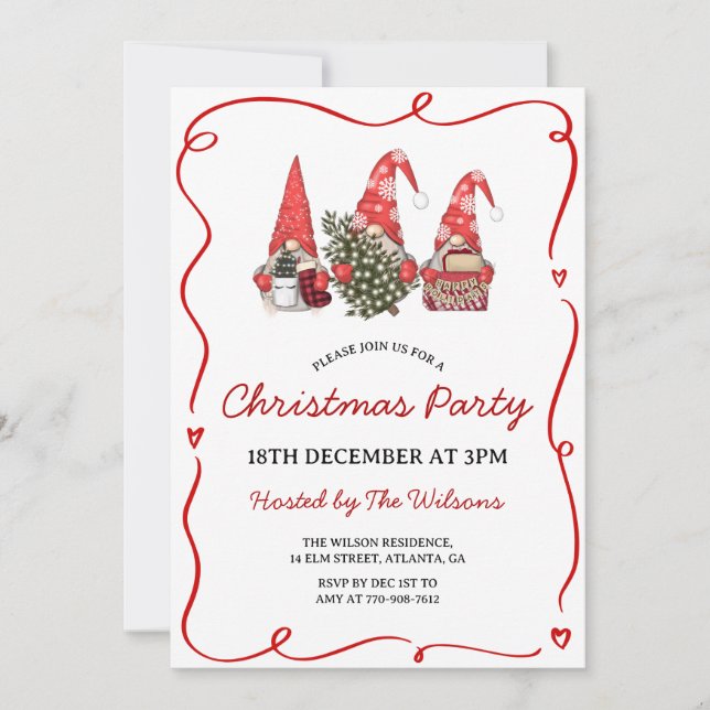 Invitation Cute Red Gnomes Christmas Party (Devant)