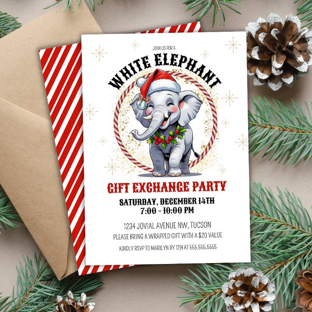 Invitation Cute Red Gold Holiday White Elephant échange cadea (Cute white elephant holiday party invitations for corporate office or small group gift exchange)