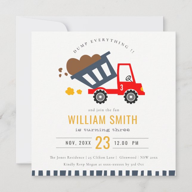 Invitation Cute Red Navy Truck Kids N'importe quel âge Annive (Devant)