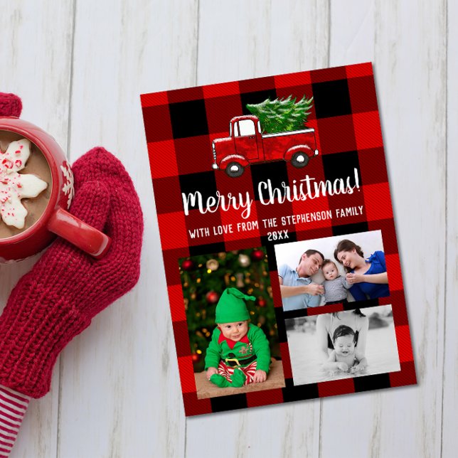 Invitation Cute Red Truck Russe Noël Famille 3 Photo (cute red pickup truck buffalo plaid photo collage christmas card with grandkids)
