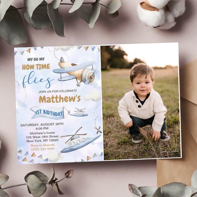 Invitation Cute Retro Blue Avion 1er Anniversaire Photo (Créateur téléchargé)