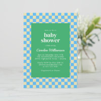 Cute Retro Checkerboard Blue Green Baby shower