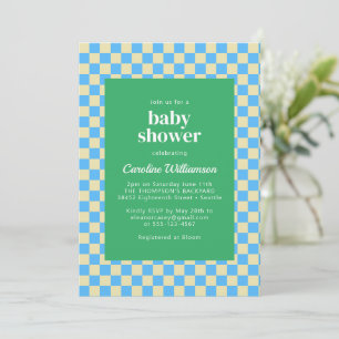 Invitation Cute Retro Checkerboard Blue Green Baby shower