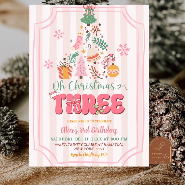 Invitation Cute Retro Pink Girl O Christmas Three Birthday (Créateur téléchargé)