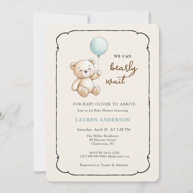 Invitation Cute Retro Teddy Bear, Boy Baby shower (Devant)