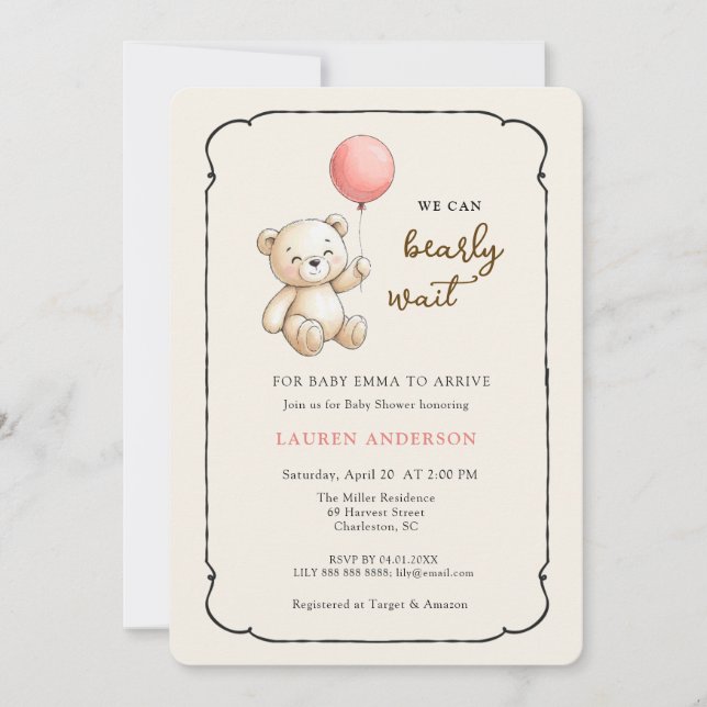Invitation Cute Retro Teddy Bear, Girl Baby shower (Devant)