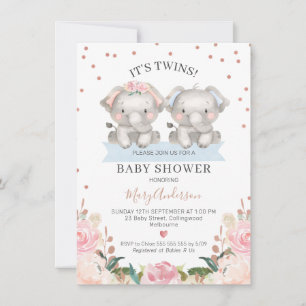 Invitation Cute rose bleu Floral Twin Elephants Baby shower