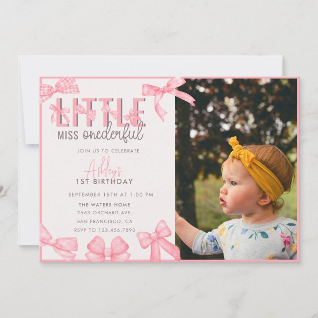 Invitation Cute Rose Bow 1st Girl'Anniversaire (Devant)