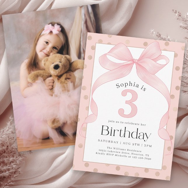 Invitation Cute rose Bow and Dots Photo 3e anniversaire (Available in both printed and instant download digital formats.)