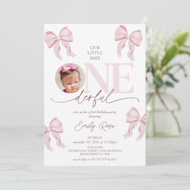 Invitation Cute Rose Bow Little Miss Onederful 1er anniversai (Debout devant)