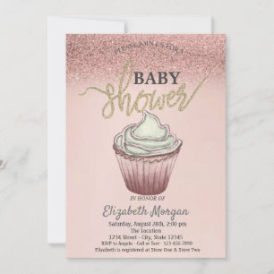 Invitation Cute Rose Cupcake Parties scintillant or