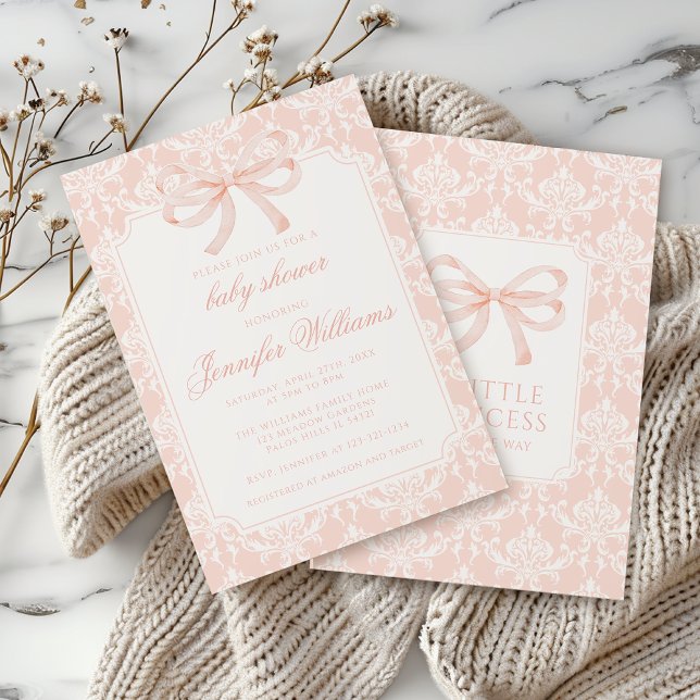 Invitation Cute rose damassé arc bébé fille douche (Créateur téléchargé)
