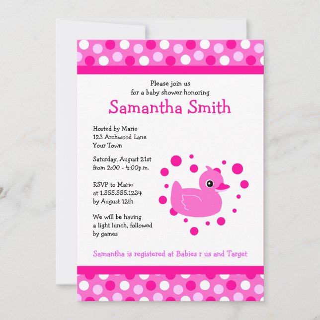 Invitation Cute rose Ducky sur Pink Dots Baby shower Invitati (Devant)