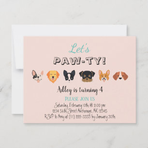 Invitation Cute Rose Faisons Pawty Fille Chiot Anniversaire