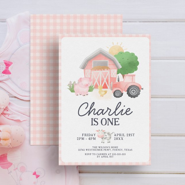 Invitation Cute Rose Farm Animaux Fille 1er anniversaire (Créateur téléchargé)