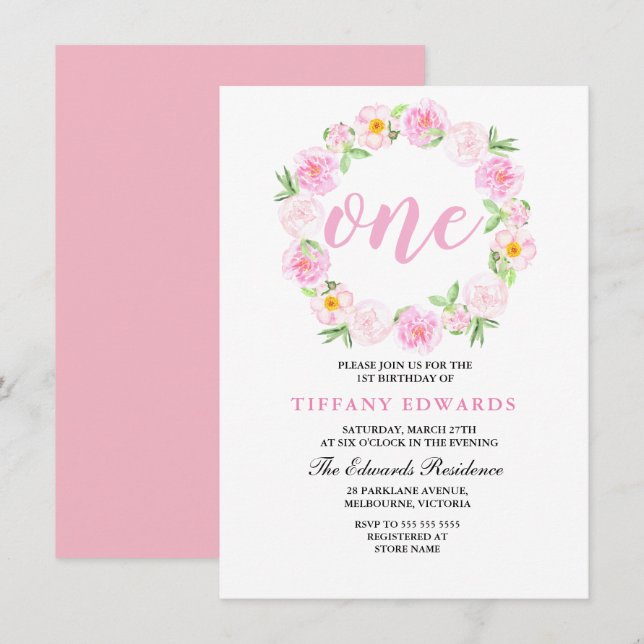 Invitation Cute Rose Floral Wreath 1er anniversaire Invitatio (Devant / Derrière)