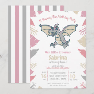 Invitation Cute rose Grey Tan Dinosaur fête d'anniversaire de