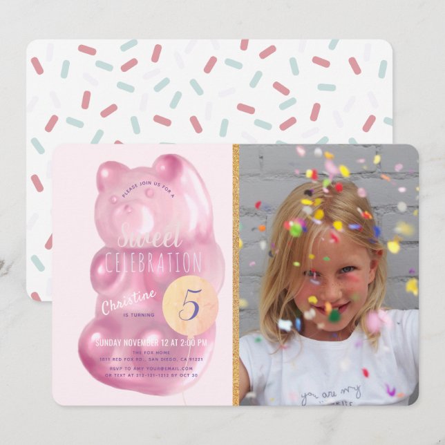 Invitation Cute rose Gummy Ours Sweet Candy Photo Anniversair (Devant / Derrière)
