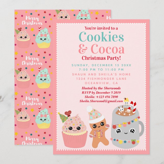 Invitation Cute Rose Kawaii Cookies et fête de Noël de cacao (Devant / Derrière)