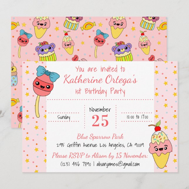 Invitation Cute Rose Kawaii Sweets Bonne 1ère fête d'annivers (Devant / Derrière)