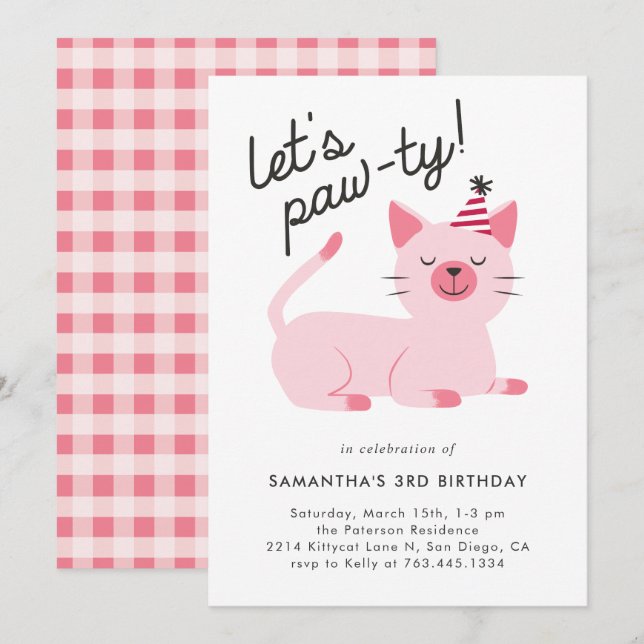 Invitation Cute rose Kitty Chat Anniversaire (Devant / Derrière)