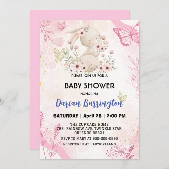 Invitation Cute rose lapin fleur lapin fleur bébé douche (Devant / Derrière)