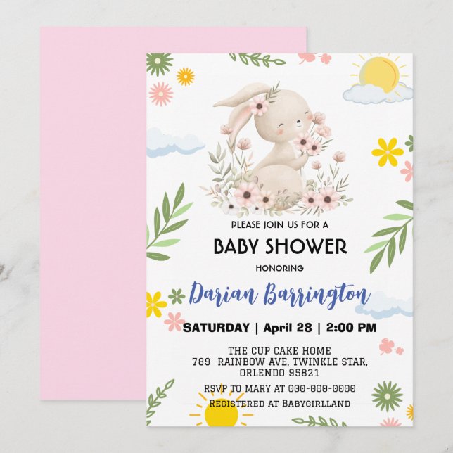 Invitation Cute rose lapin fleur soleil bébé fille douche (Devant / Derrière)