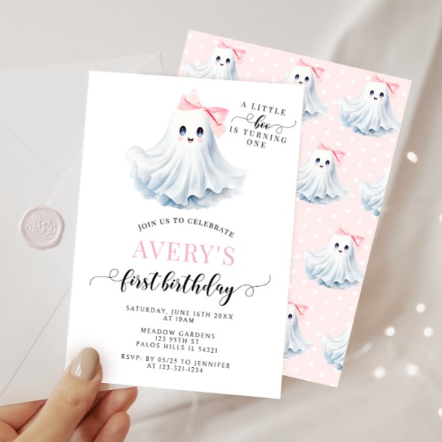 Invitation Cute Rose Petit Boo Ghost Bow Anniversaire Fille (Créateur téléchargé)