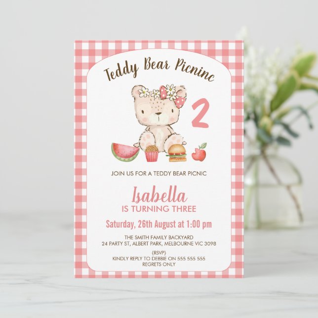 Invitation Cute rose Plaid Teddy Bear Pique-nique Anniversair (Debout devant)